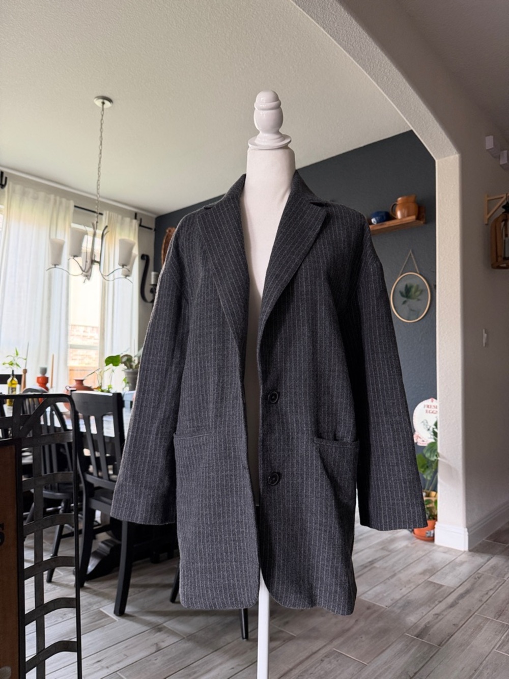 Zara Woman Striped Blazer Grey Pockets Long Casual Wool S Layering